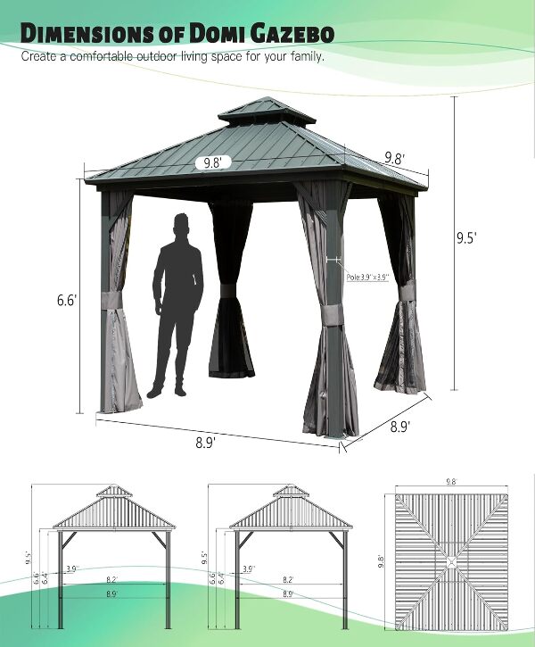 Domi 10'x10' Hardtop Gazebo, Outdoor Metal Gazebo with Galvanized Steel Double Roof
